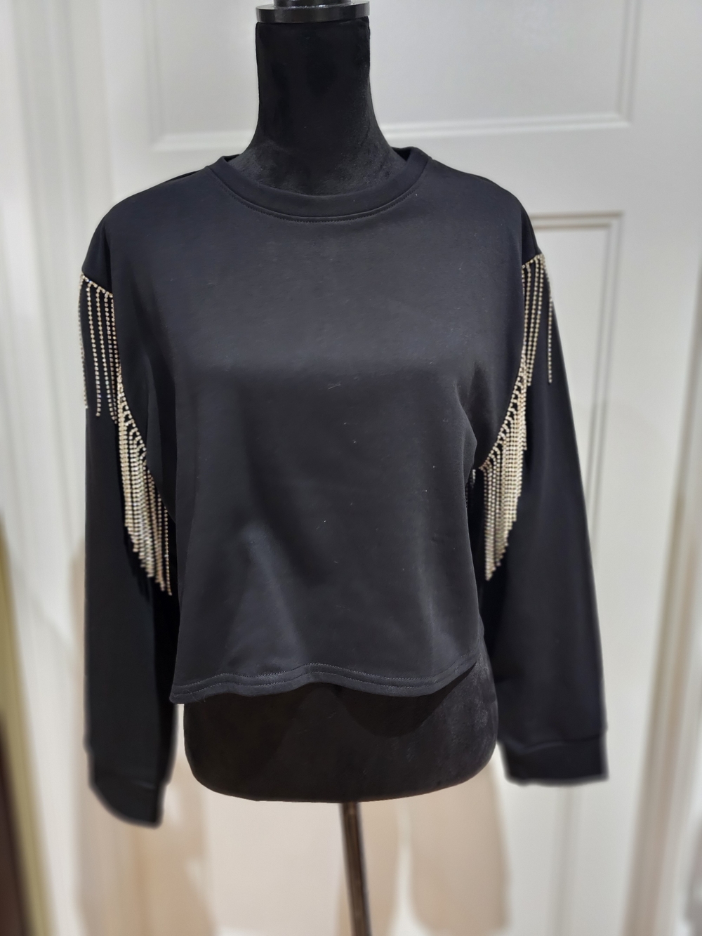 Black Women's Rhinestone Fringe Crop Sweatshirt, NWT